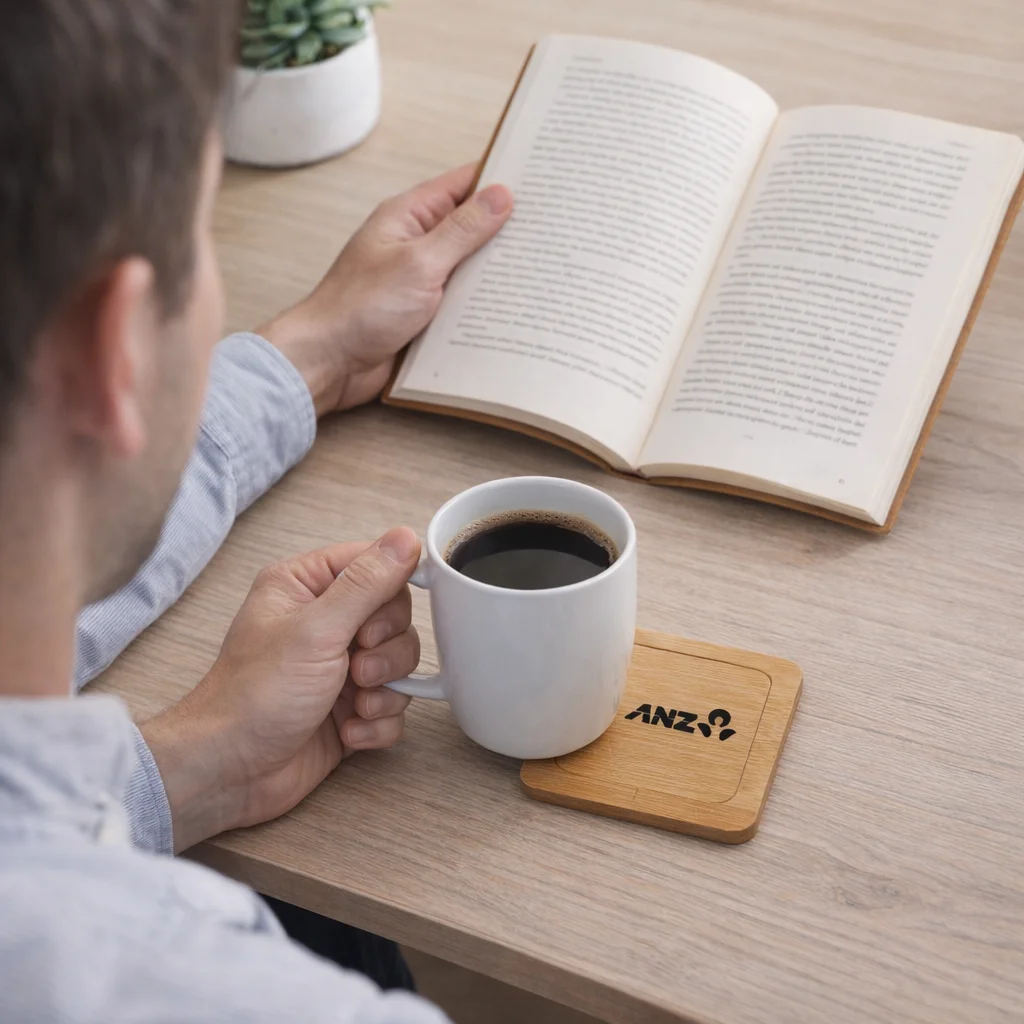 A person reads, savoring coffee with Aroma Coffee Coasters at a wooden table.