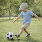 Young child in a Youth Size Cap kicks a soccer ball on a grassy park field.