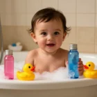 Smiling baby in Childrens Bubble Bath Custom Gifts with rubber ducks and pink, blue soap.