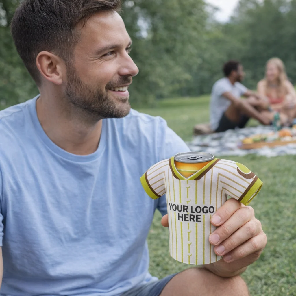 Smiling man outdoors holding a Baseball Cooler with a jersey-shaped cover reading YOUR LOGO HERE.