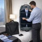 Man arranges a suit in a Coventry Garment Bag on a hotel bed with luggage and phone nearby.