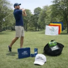 Man swinging club, wearing gear and white cap—the Basic Golf Day Package for your golf event.