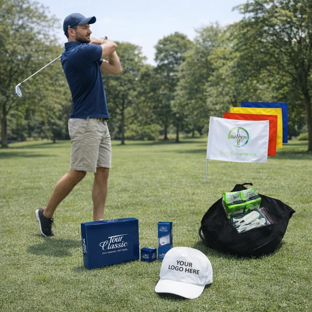 Man swinging club, wearing gear and white cap—the Basic Golf Day Package for your golf event.