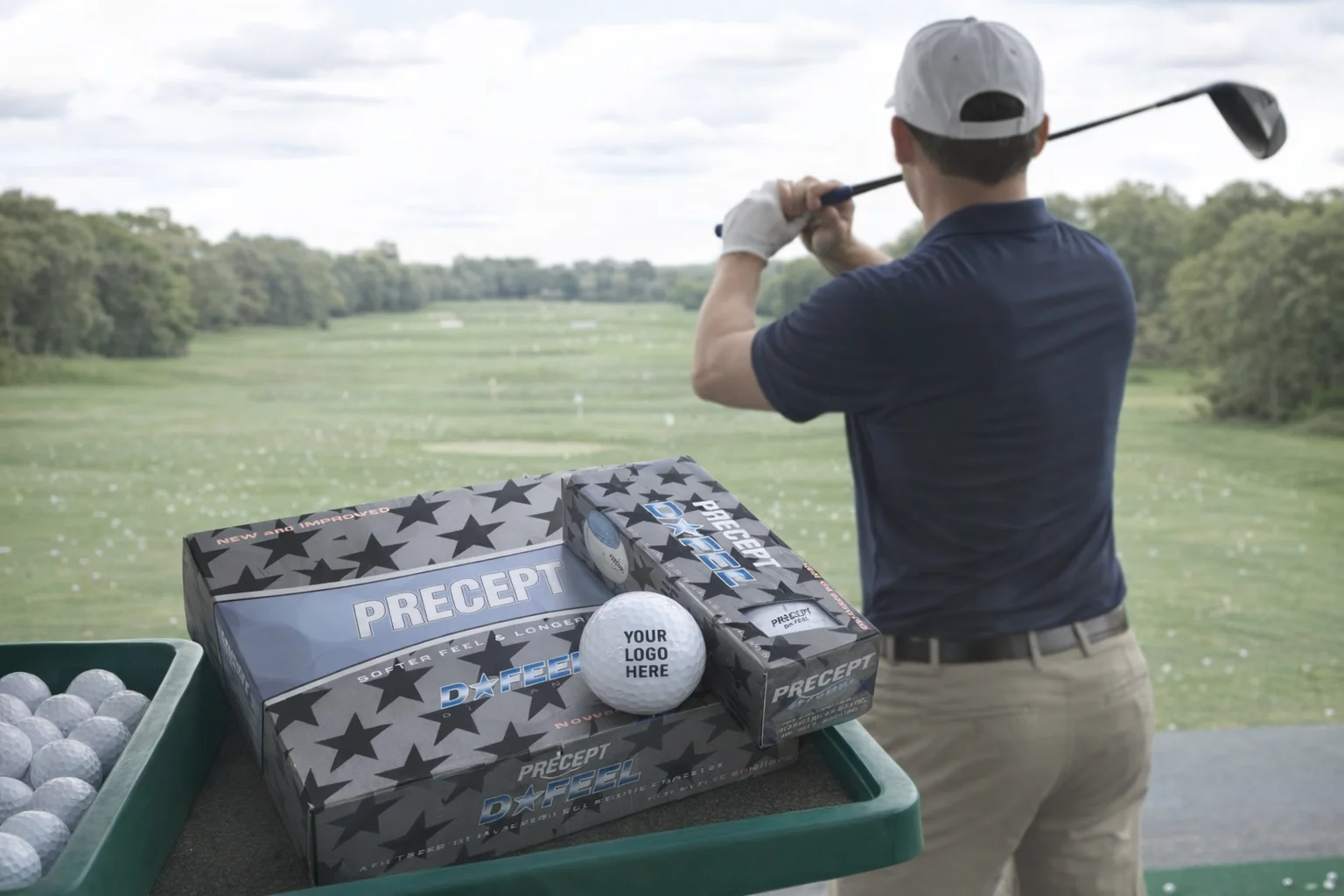 A golfer prepares to swing; Bridgestone Treo Golf Balls and a custom ball are in the foreground.
