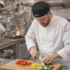 Chef in Leith slices veggies on a board while wearing Leith Chefs Caps.