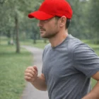 Man in a Cotton Cap and gray t-shirt jogging on a park path surrounded by greenery.