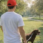 Man in Hype Ottoman Caps walks a brown dog on leash in a sunny park.