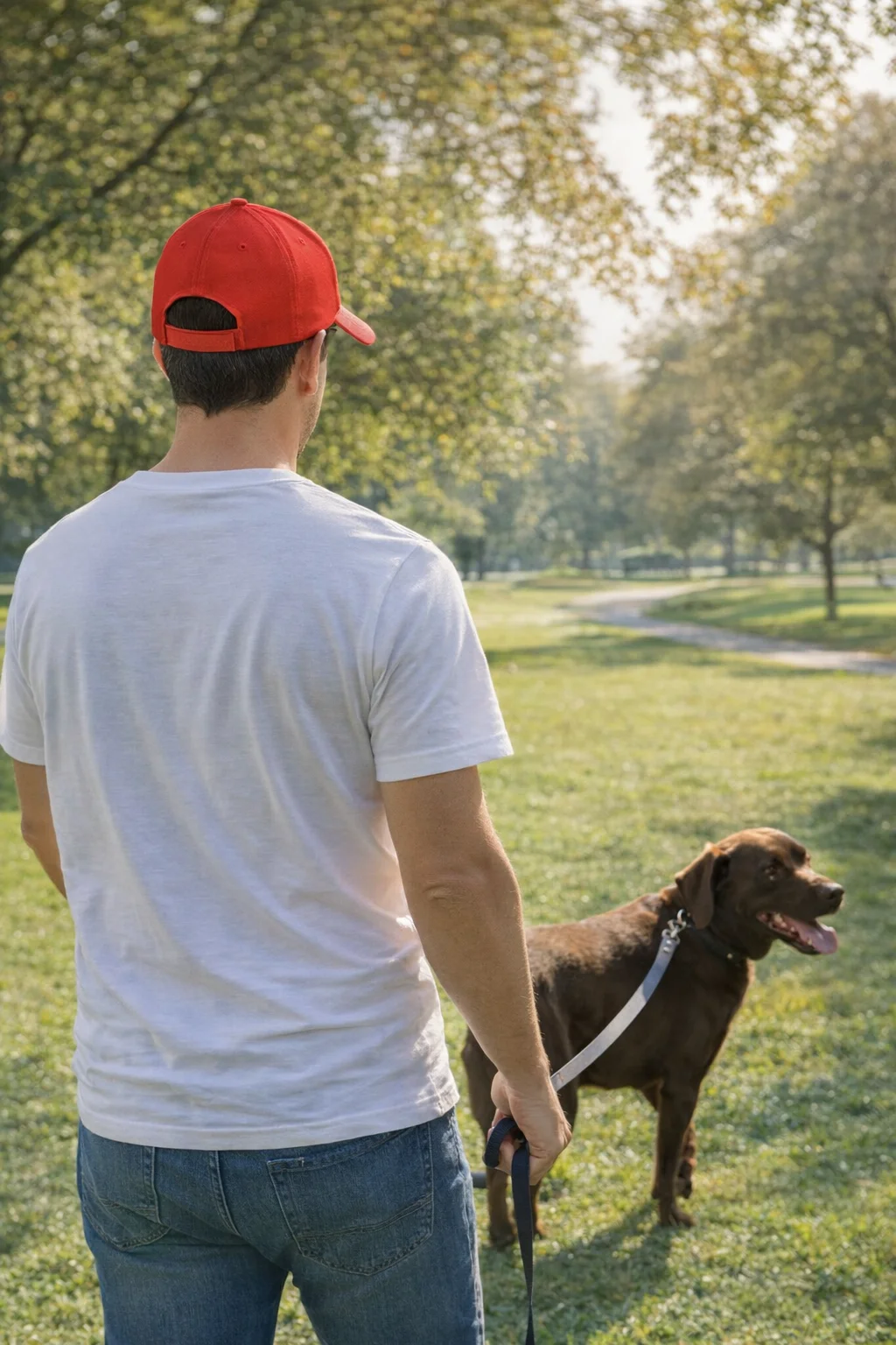 Man in Hype Ottoman Caps walks a brown dog on leash in a sunny park.
