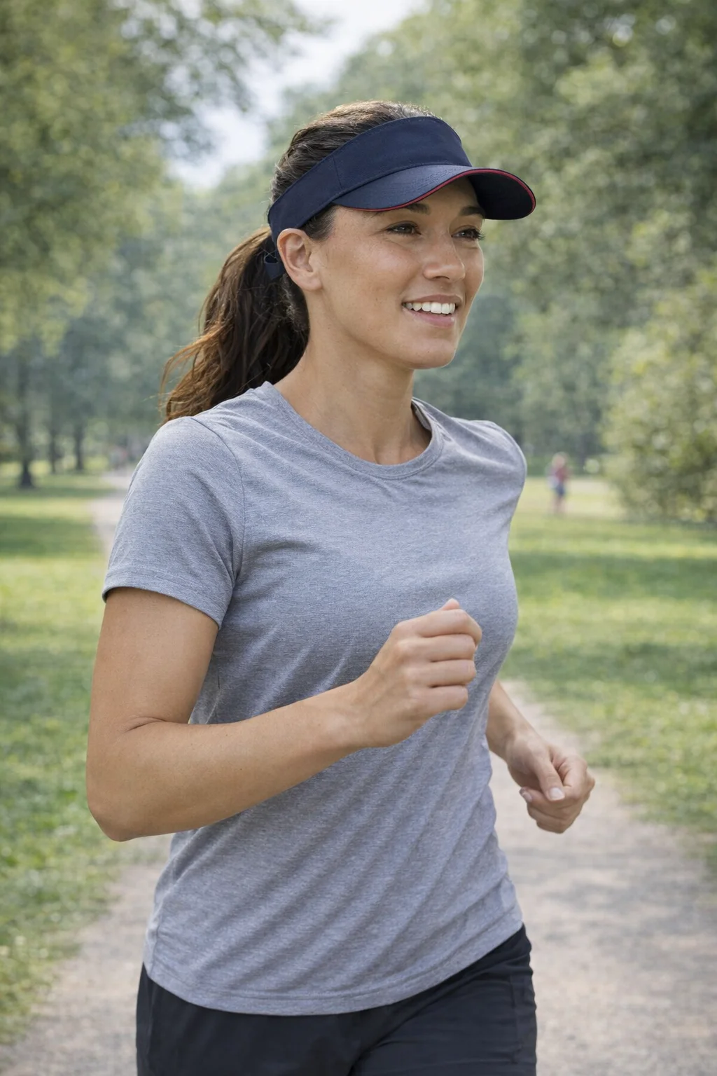 Smiling woman jogging in gray tee and black Polo Twill Visor in a park.