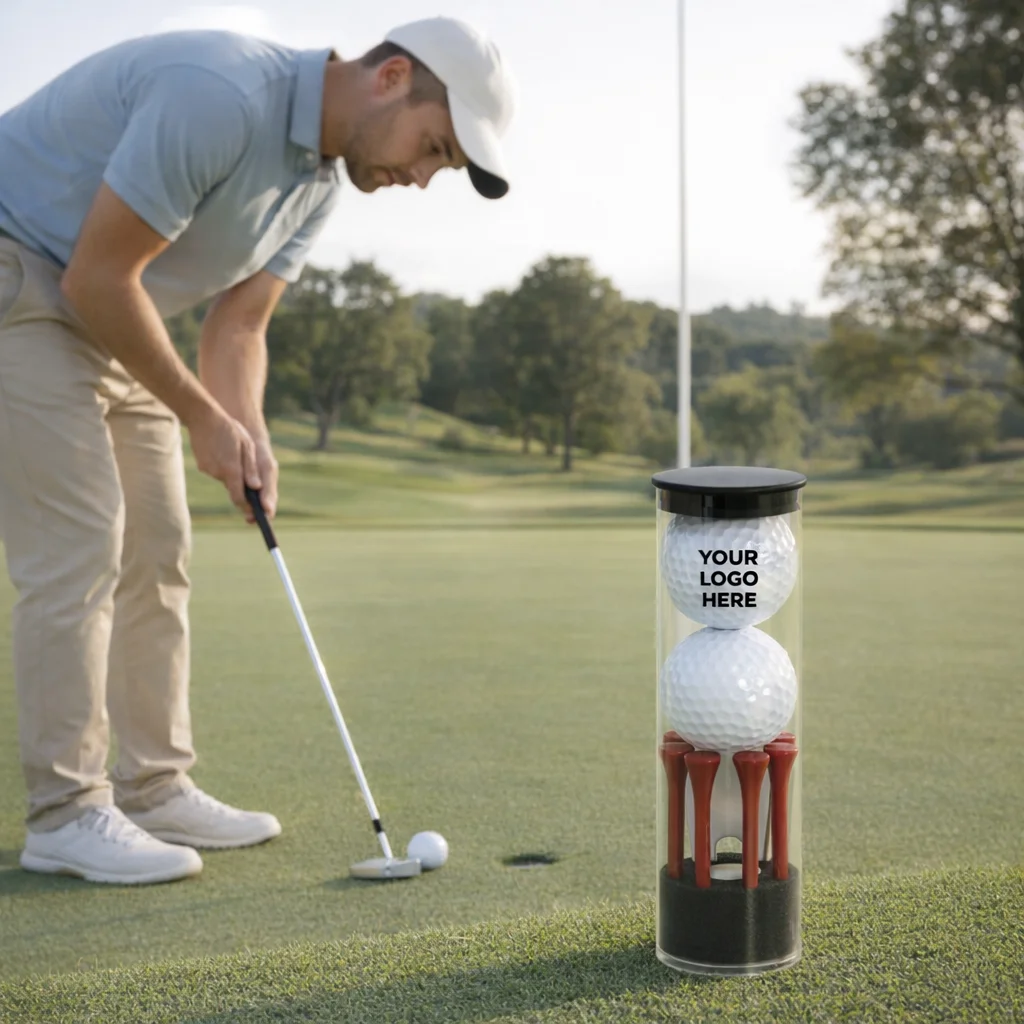 Man putting on golf course near a 2 Balls Golf set with tees and custom golf balls.