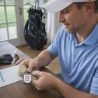 Man in a blue polo counting cash with Money Clip Packs Promo Golf on the table.