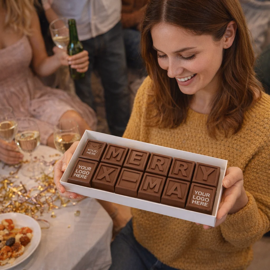 Woman holding Chocolate Gifts Blocks - Boxes Of 14 spelling “MERRY X-MAS” at a party.