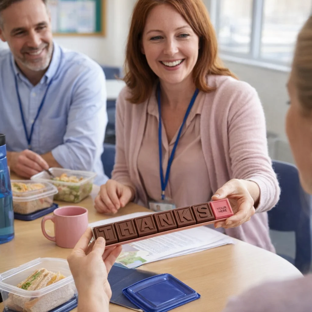 Smiling woman gives Chocolate Gifts Blocks - Boxes Of 7 spelling THANKS to a colleague.