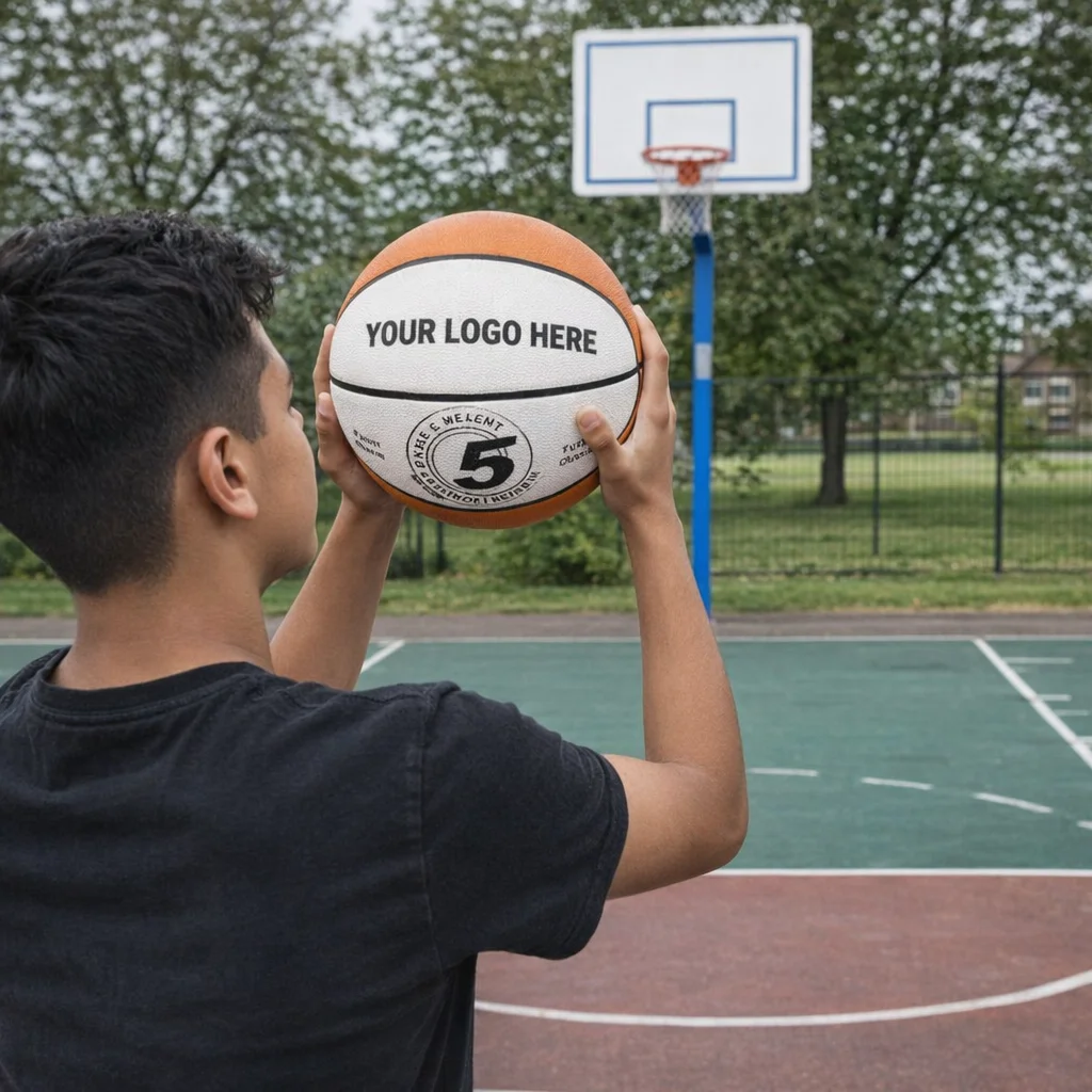A person aims a Basketballs ball with YOUR LOGO HERE at an outdoor hoop.