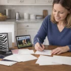Woman writing Cards A6 Size at a kitchen table with greeting cards and envelopes around her.