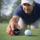 Man places Marker Gift Pack logo ball marker beside a golf ball on the green.