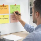 Man using Sticky Note Specials on a whiteboard to organize work tasks beside his laptop.