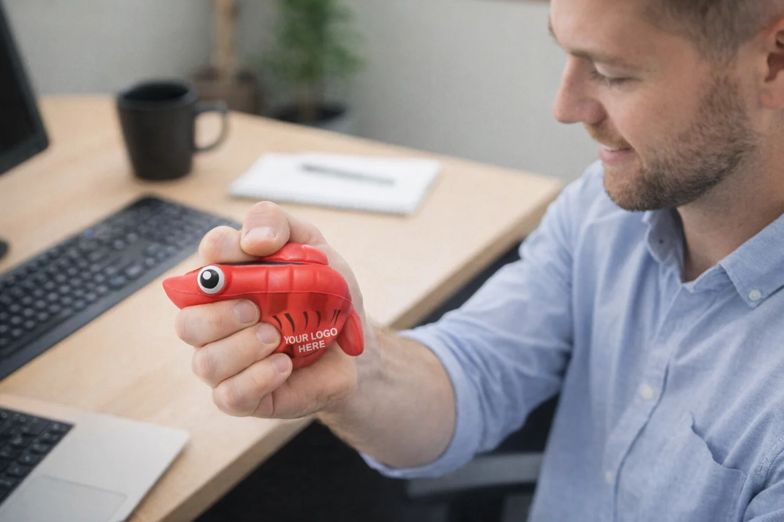 Man squeezes Stress Balls at desk with laptop, notebook, and more stress balls.