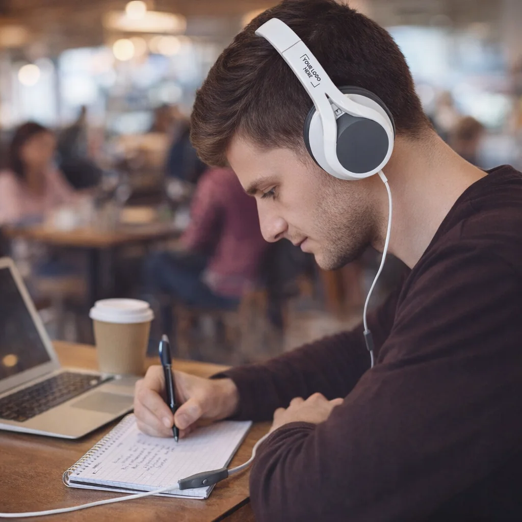 Man wears Camellias Headphone, writing in a café beside blooming camellias and his coffee cup.