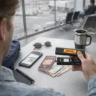 Man at airport table with Dari Tech Travel Kits—passport, phone, coffee, money, DHL device.