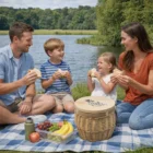 Family sharing sandwiches and fruit from Picnic Cooler Baskets on a blanket by the lake.
