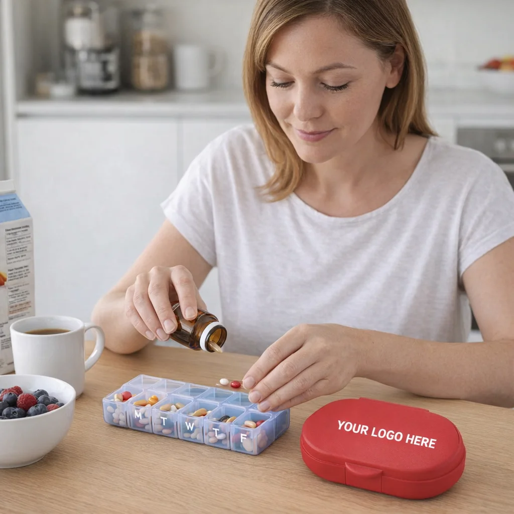 Woman using Oval Pill Boxes to organize pills at the kitchen table during breakfast.