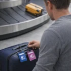 A man grabs a navy suitcase with Dessa Luggage Tags – UV Outside at airport baggage claim.