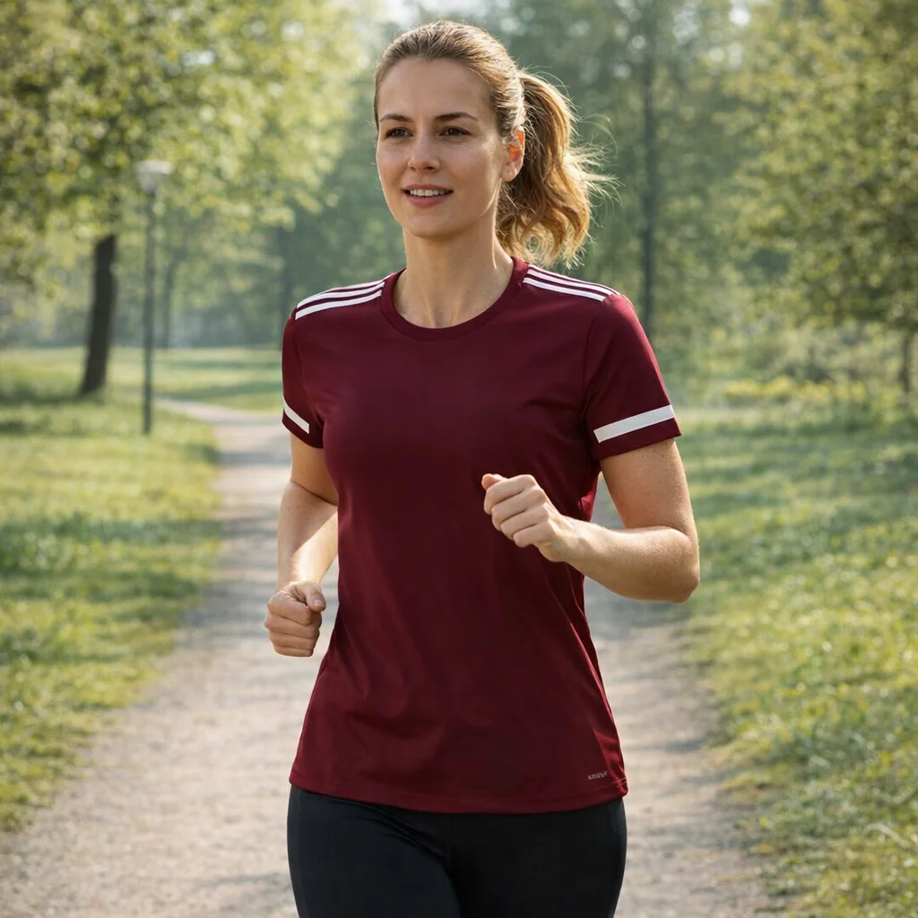 Woman jogging in Adidas 3-Stripe Women's T-Shirts on a sunlit, tree-lined park trail.