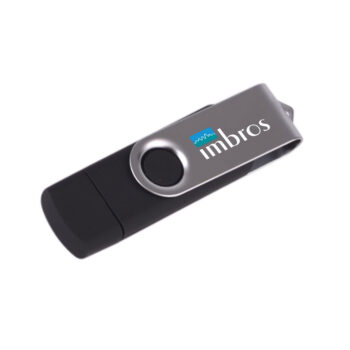 Black and silver best USB flash drive with imbros logo printed on the metal swivel cover.