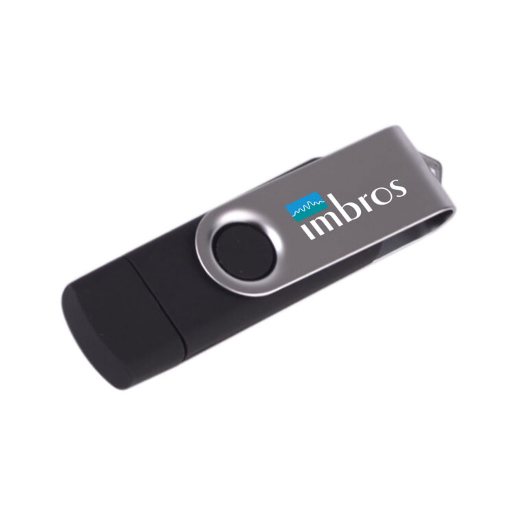 Black and silver best USB flash drive with imbros logo printed on the metal swivel cover.