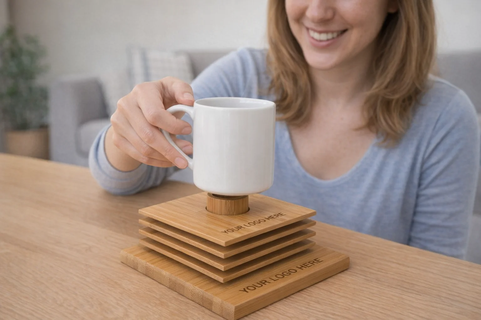 Smiling woman places a mug on Bamboo Coaster Sets stacked on the table.