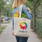 Woman carrying Hialeah Eco Calico Bags 150Gsm with groceries, walking on a sidewalk.