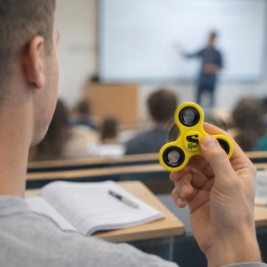 Person holds a yellow Alva Budget Fidget Spinner in class, facing the teacher.