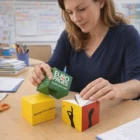 Woman assembling Fold Out Paper Cubes 8Cm Big at a classroom desk with papers and scissors.