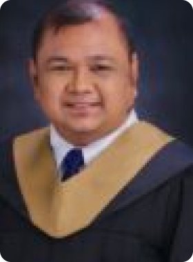 A man in a graduation gown poses for a formal portrait with an Office & Tech-inspired flair.