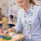 Teacher arranges blocks as Full Colour Sublimation Lanyards hang in the classroom background.