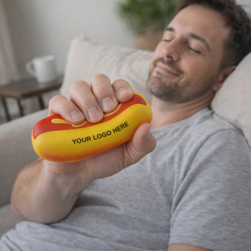 Man relaxing on couch, squeezing a Funky Stress Balls Hot Dog labeled Your Logo Here.
