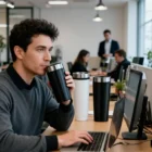 Man drinking from a Linners Custom Travel Mug while working at his laptop in a modern office.