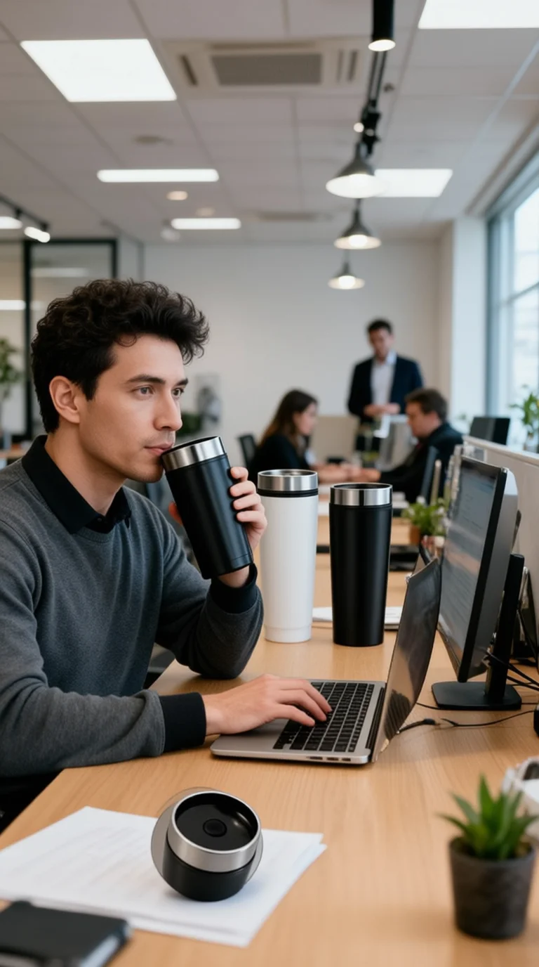 Man drinking from a Linners Custom Travel Mug while working at his laptop in a modern office.