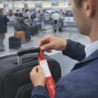 Man attaching a Lumina Soft Feel Luggage Tag to a black suitcase at airport check-in.