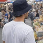 Man in "Bim Ii Bucket Hats Sandwitch+Toggle" stands at a busy outdoor fruit market.