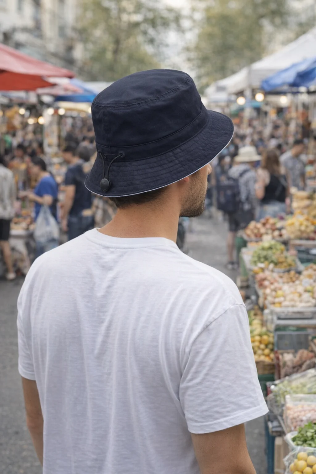 Man in "Bim Ii Bucket Hats Sandwitch+Toggle" stands at a busy outdoor fruit market.