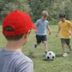 A boy in a Tu Ii Kids Brushed Cotton Cap watches two boys play soccer on a grassy field.