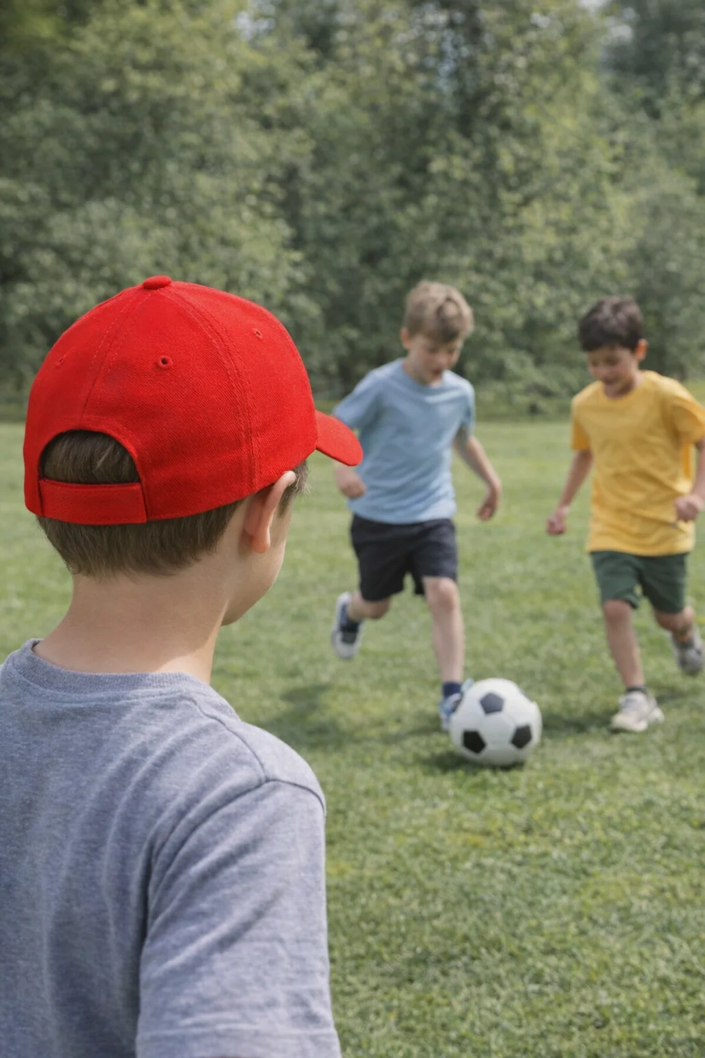 A boy in a Tu Ii Kids Brushed Cotton Cap watches two boys play soccer on a grassy field.