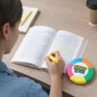 Person highlighting a book with a Highlighter Round Shaped, coaster and coffee nearby.