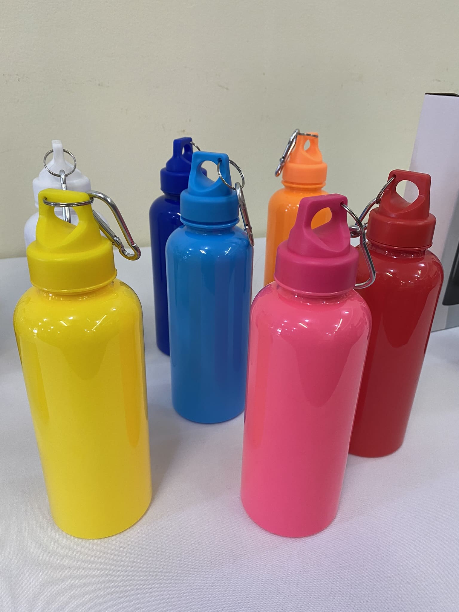 Colorful branded merchandise water bottles with metal clips, arranged on a white surface.