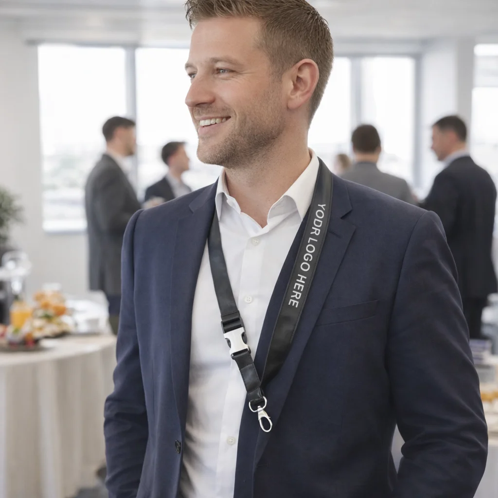 Smiling man in suit wears Imitation Leather Lanyards at a business networking event.