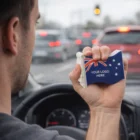 Person squeezes Australian Flag Stress Reliever while driving.