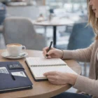 Woman writing in a notebook with coffee and Stylish Jean Promotional Compendiums at a cafe.