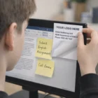 Someone holds a note saying “Submit English Assignment” over Sticky Notes 75X75Mm at a computer.